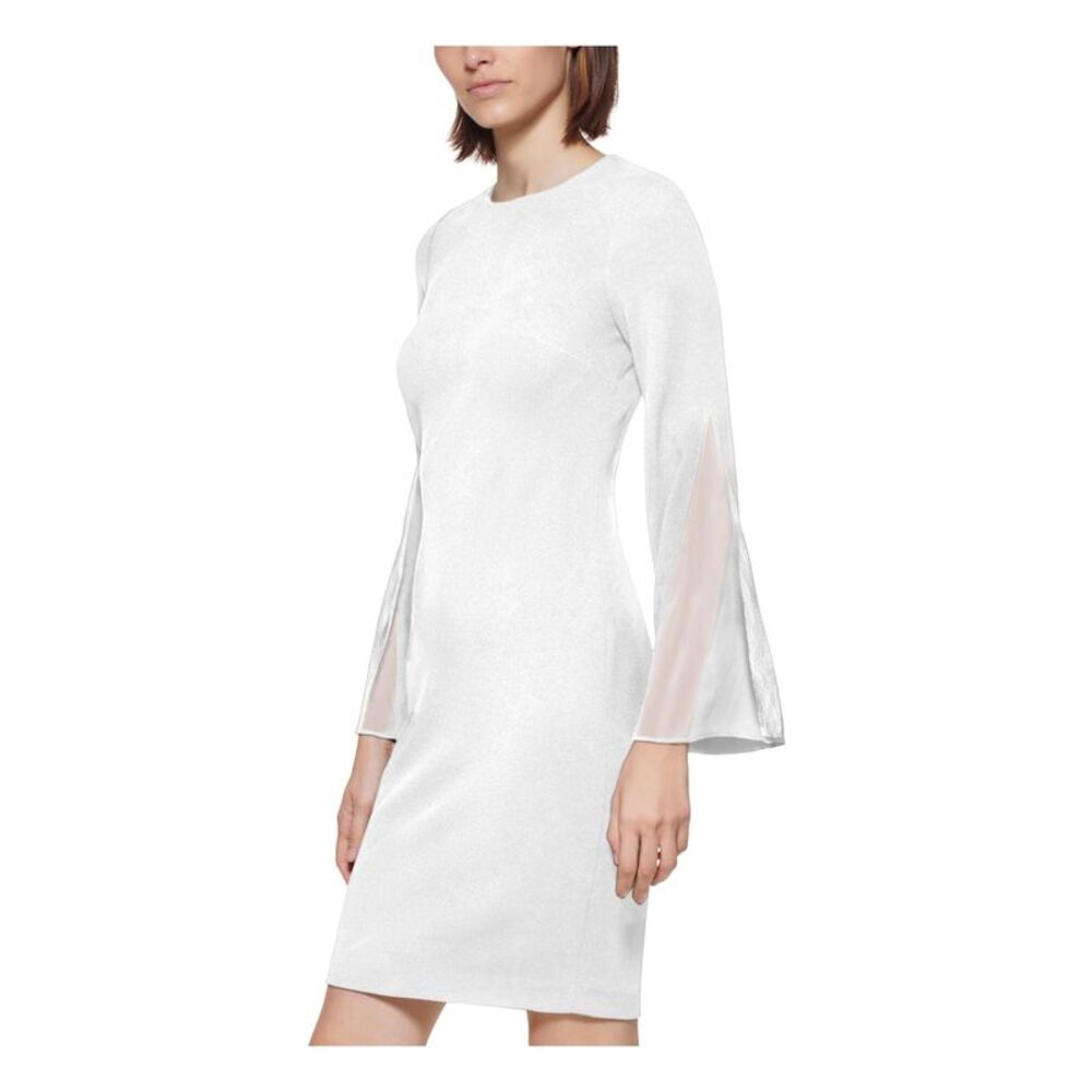 NWT CALVIN KLEIN Womens White Insets Lined Bell Sleeve Sheath Dress Petites 4P - Picture 3 of 4
